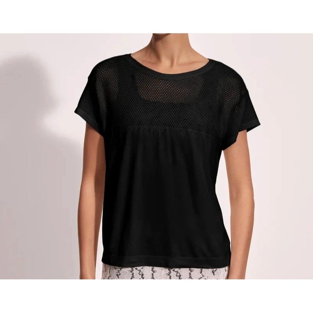 MONROW Black SHEER MESH NECKLINE & SLEEVES Slub Knit Trim T-SHIFT/TOP Sz S